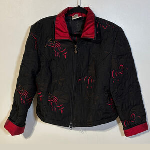 Joseph Ribkoff Jacket Women’s Size 14 Black Quilted Fabric Red Trim Zipper Front
